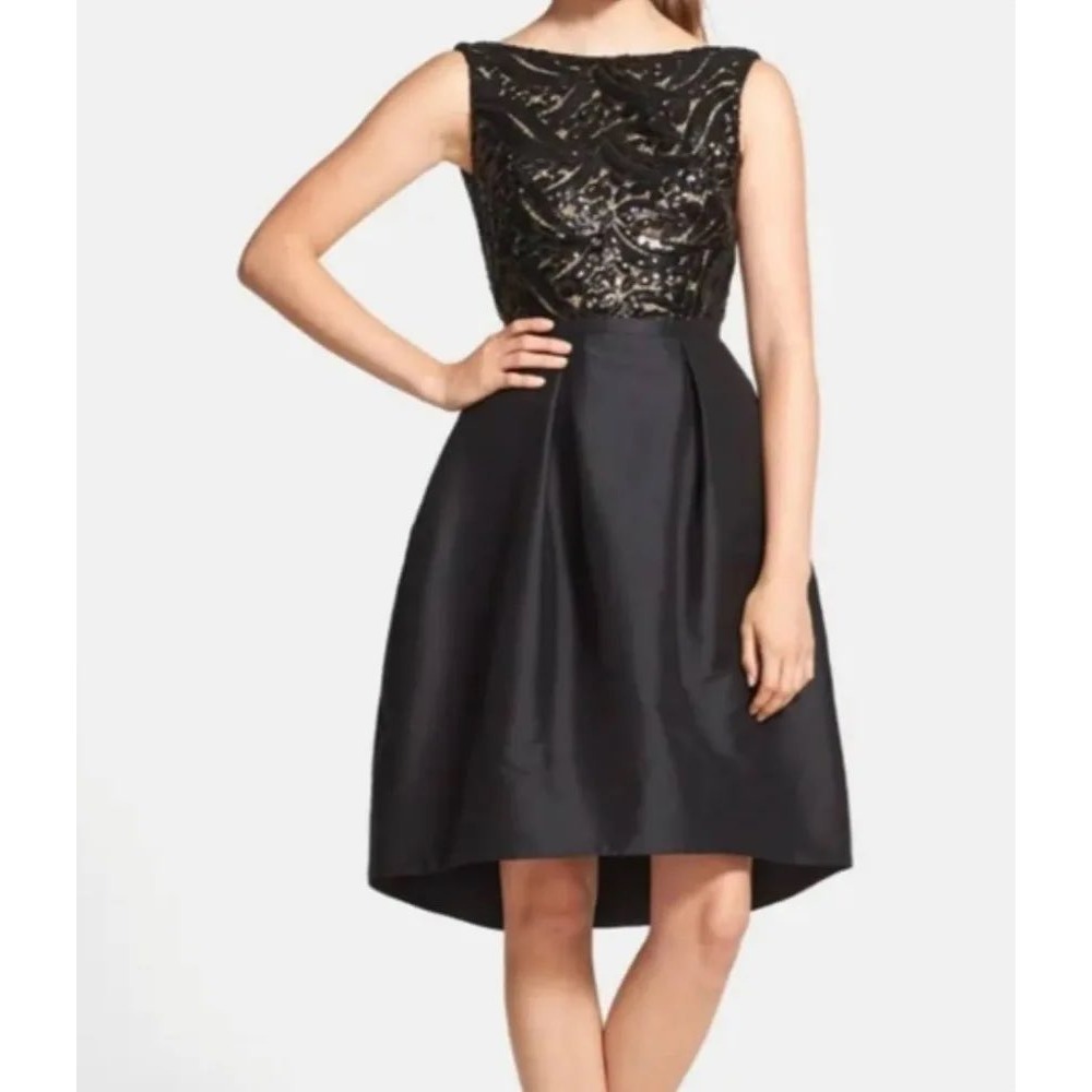 Monique Lhuillier Cocktail Dress Back Down Womens 0 Black Sequin Bodice High Low